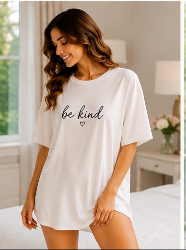 Women’s White “Be Kind” Printed Oversized Sleep T-Shirt Nightwear